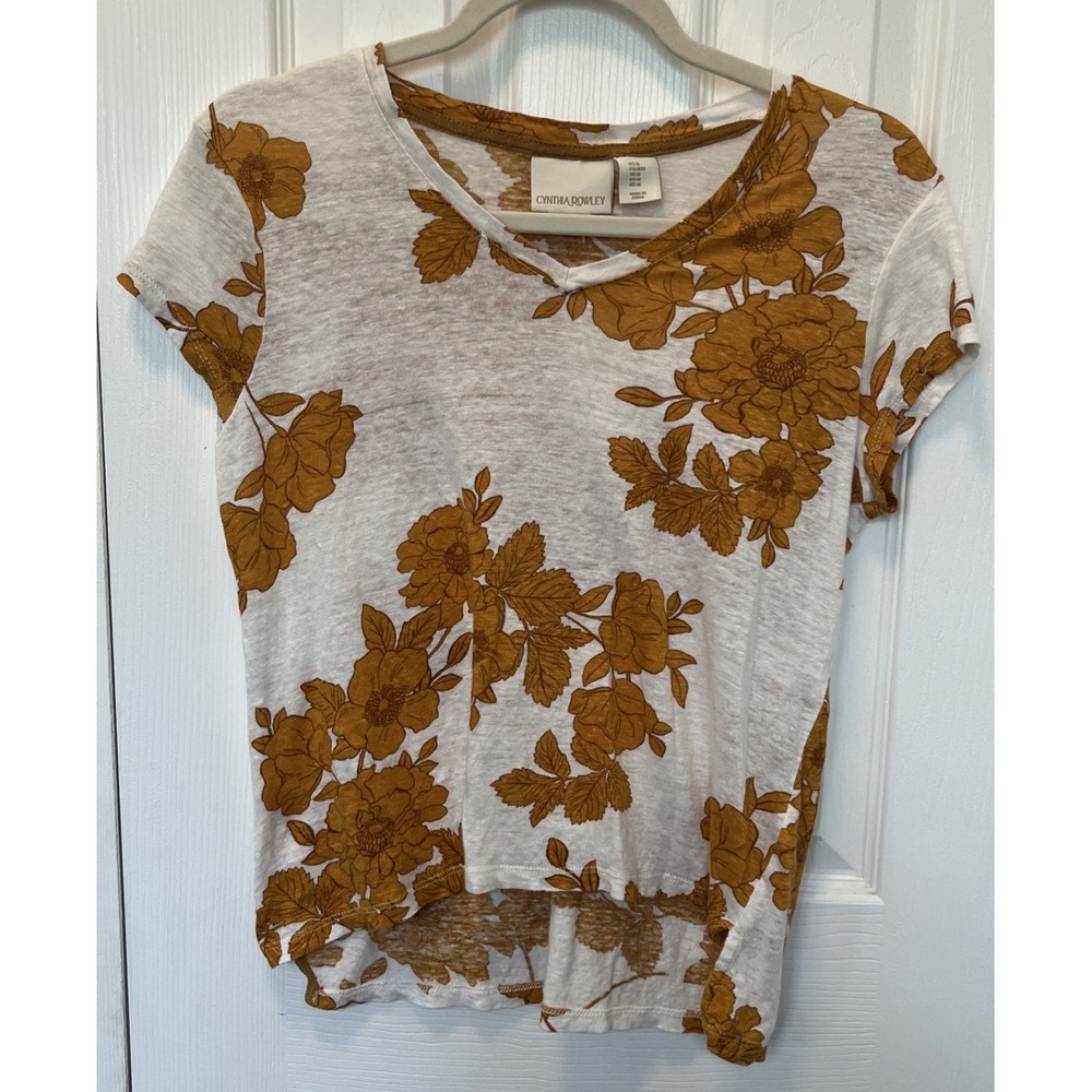 Cynthia Rowley Linen Floral V-Neck Mustard White M BOHO Cap Sleeve cottagecore